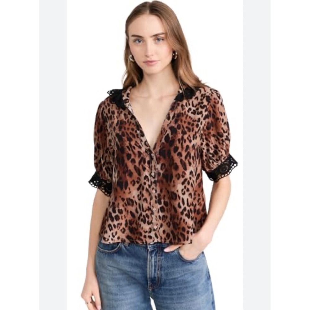 Free‎ People Leopard Combo Blouse Brown Animal Print Lace Trim Small NEW